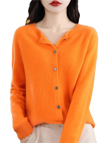 Damen Rundhals Cardigan Sweater Langarm Strickpullover Merino Wolle Sweater, Orange, M von Generisch