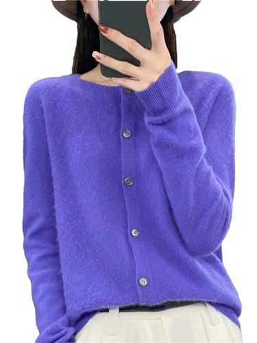 Damen Rundhals Cardigan Sweater Langarm Strickpullover Merino Wolle Sweater, blau, M von Generisch