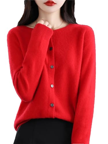 Damen Rundhals Cardigan Sweater Langarm Strickpullover Merino Wolle Sweater, rot, XL von Generisch