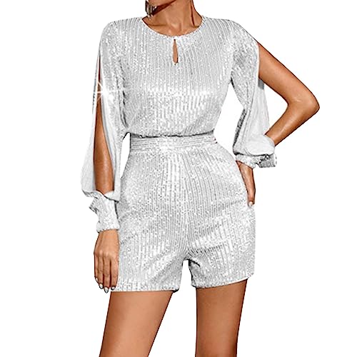 Damen Rundhals Langarm Split Pailletten Shorts Jumpsuit Damen Sommer Jumpsuit, weiß, 36 von Generisch