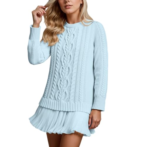 Damen Rundhals Zopfmuster Strickpullover Minikleid Plissiertes Doppelschicht Pulloverkleid mit Rock Frauen Weich Bequem Langarm Lässig Vielseitig Elegant Herbstkleid Kurz Kleider von Generisch