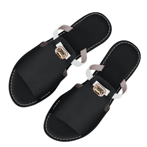 Damen-Sandalen, flache Pantoffeln, offener Zehenbereich, Fischmund, Kunstleder, flache Sandalen, Sommer, Strand, bequem, leicht, Wanderschuhe für drinnen und draußen, Schwarz , 38.5 EU von Generisch