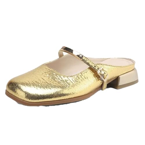 Damen-Sandalen, runde Zehen, niedrige Absätze, Schnalle, Riemen, Slipper, Pantoletten, Übergröße, für den Alltag, gold, 40 EU von Generisch