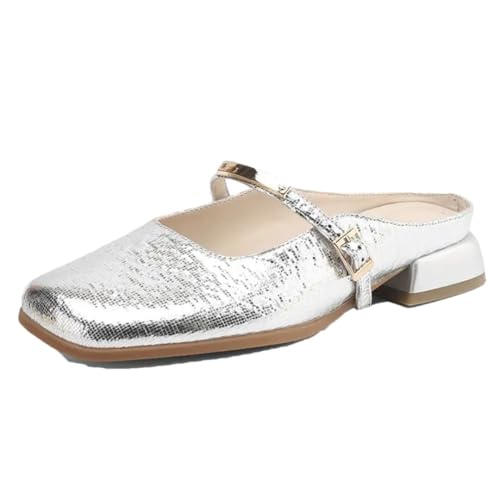 Damen-Sandalen, runde Zehen, niedrige Absätze, Schnalle, Riemen, Slipper, Pantoletten, Übergröße, für den Alltag, silber, 40 EU von Generisch