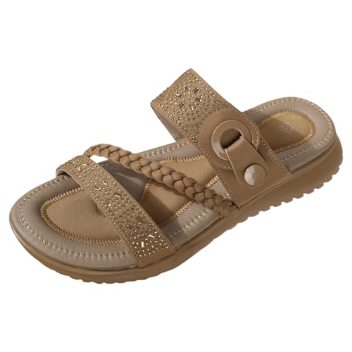 Damen Sandalen Flache Strass Gewebte Hausschuhe Sommer Mode Reise Freizeit Komfortabel für Damen (Khaki, 37) von Generisch