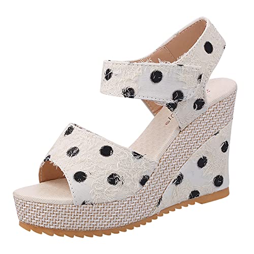Damen Sandalen Frühjahr Sommer Atmungsaktive Komfortable Dicke Sohle Keilabsatz High Heel Fischmund Open Toe Polka Dot Hook Loop Lässiger Stil (White, 37) von Generisch