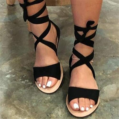 Damen Sandalen Leder - Plateau Sommerschuhe Damen Schuhe Sandalen Sandaletten Sandalette Flach Elegant Sommer Schwarz Frauen Geschlossen Gold 37 Sandale Leder Zum Binden # # von Generisch