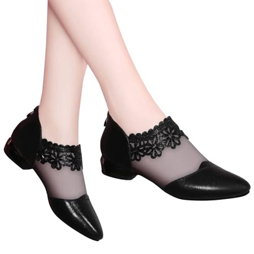 Damen Sandalen Mit Absatz Schwarz Spitzen Pumps Blockabsatz Knöchel Boots Rund Spitze Blumenmuster Mesh Durchbrochen (Black-2, Erwachsene, 38, Numerisch, EU Schuhgrößensystem, M) von Generisch