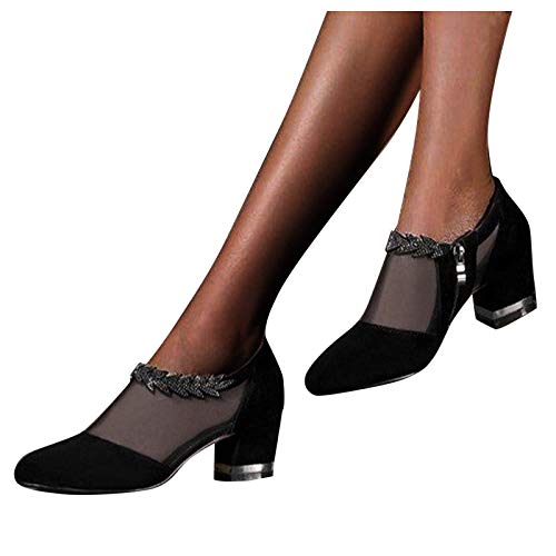 Damen Sandalen Mit Absatz Schwarz Spitzen Pumps Blockabsatz Knöchel Boots Rund Spitze Blumenmuster Mesh Durchbrochen (Black-3, Erwachsene, 41, Numerisch, EU Schuhgrößensystem, M) von Generisch