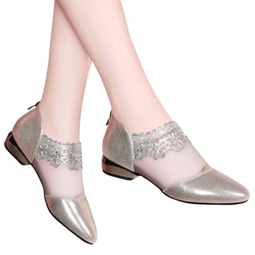 Damen Sandalen Mit Absatz Schwarz Spitzen Pumps Blockabsatz Knöchel Boots Rund Spitze Blumenmuster Mesh Durchbrochen (Gold, Erwachsene, 41, Numerisch, EU Schuhgrößensystem, M) von Generisch