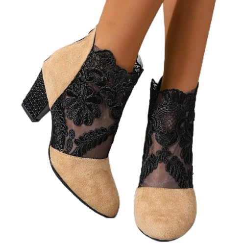 Damen Sandalen Mit Absatz Schwarz Spitzen Pumps Blockabsatz Knöchel Boots Rund Spitze Blumenmuster Mesh Durchbrochen (White, Erwachsene, 38, Numerisch, EU Schuhgrößensystem, M) von Generisch