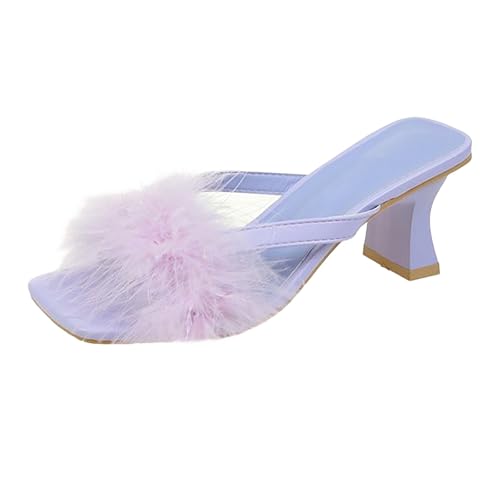 Damen Sandalen Mit Blockabsatz, Damen Keilabsatz Sandalen Plüsche Zehentrenner Quadratisch Blockabsatz Slippers Elegante Flip Flops Leichtgewichts Absatzschuhe Modische High Heels Sandals von Generisch