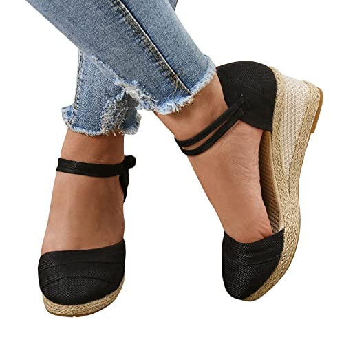 Damen Sandalen Mit Keilabsatz Espadrilles Plateau Sandaletten Mit Geschlossenem Ferse Gestrickte Leinen Sandalen Mit Schnalle (Black-1, Erwachsene, 37, Numerisch, EU Schuhgrößensystem, M) von Generisch