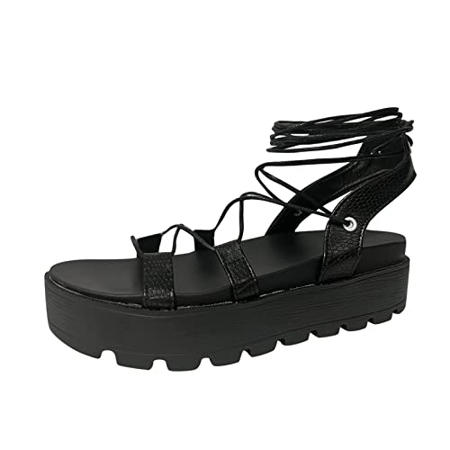 Damen Sandalen Sommer: Plateau Sommerschuhe Damen Schuhe Sandalen Sandaletten Sandalette Flach Elegant Sommer Schwarz Frauen Geschlossen Gold 37 Sandale Leder Zum Binden von Generisch