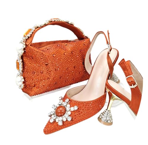 Damen Sandalen Taschen Set mit Pailletten Strass Point Toe Spaghettiträger, Orange, 42.5 EU von Generisch