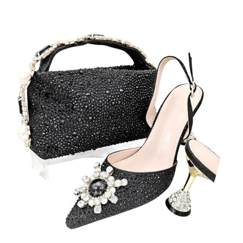 Damen Sandalen Taschen Set mit Pailletten Strass Point Toe Spaghettiträger, Schwarz , 41 EU von Generisch
