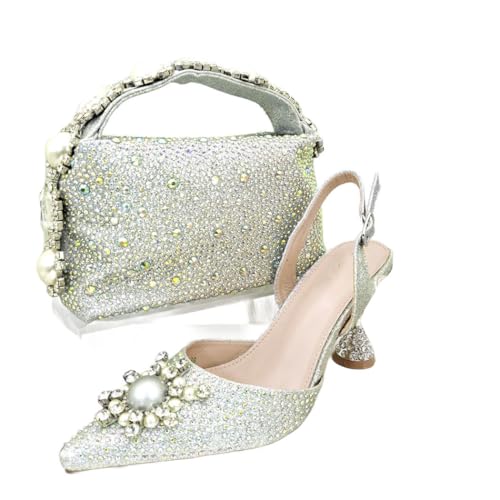 Damen Sandalen Taschen Set mit Pailletten Strass Point Toe Spaghettiträger, silber, 42.5 EU von Generisch