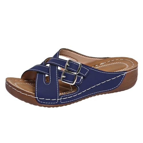 Damen-Sandalen aus Leder, Keilabsatz, flache Sandalen, Polsterung, orthopädische Slides, offener Zehenbereich, Slipper, Yoga-Matte, Hausschuhe, athletische Plattform, Sandalen, Slipper von Generisch