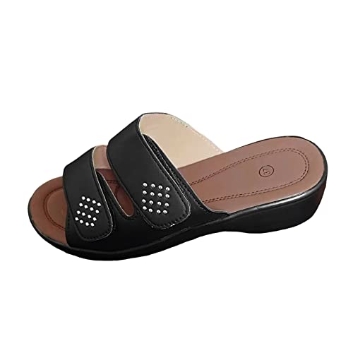 Damen-Sandalen aus massivem Leder, Klettverschluss, offene Zehen, dicke Sohle, Haus-Sandalen für Herren, Schwarz , 37 EU von Generisch