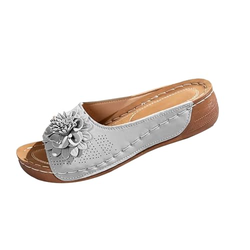 Damen-Sandalen mit Blumenverzierung, offener Zehenbereich, PU-Sohle, flacher Absatz, einfarbig, bequem, Schlupfschuhe mit dicker Plateausohle, Herren-Schlupfschuhe, legerer Segeltuch, silber, 38.5 EU Damen-Sandalen mit Blumenverzierung, offener Zehenbereich, PU-Sohle, flacher Absatz, einfarbig, bequem, Schlupfschuhe mit dicker Plateausohle, Herren-Schlupfschuhe, legerer Segeltuch, silber, 38.5 EU von Generisch