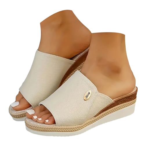 Damen Sandalen mit Keilabsatz Mode Bequeme Peep Toe Plateau Espadrilles Barfußschuhe Outdoor Leisure Sommer Strand Rutschfest Sandalen Komfort Breite Füße mit Weiches Fussbett (Beige, 41) von Generisch