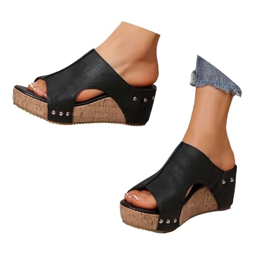 Damen Sandalen mit Kork Fußbett Pantoffeln aus Leder Pantoffeln Bequeme Verstellbare Schnalle Elegant Offene Sommerschuhe, Schwarz , 36.5 EU von Generisch