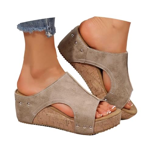 Damen Sandalen mit Kork Fußbett Pantoffeln aus Leder Pantoffeln Bequeme Verstellbare Schnalle Elegant Offene Sommerschuhe, khaki, 38 EU von Generisch