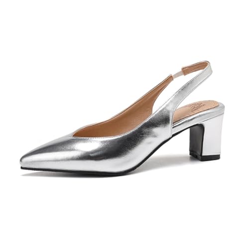 Damen-Sandalen mit spitzem Zehenbereich, Blockabsatz, niedriger Schnitt, V-Ausschnitt, Slingback, Slip-On-Schnalle, bequem, lässig, Büro, Sommer, silber, 40.5 EU Damen-Sandalen mit spitzem Zehenbereich, Blockabsatz, niedriger Schnitt, V-Ausschnitt, Slingback, Slip-On-Schnalle, bequem, lässig, Büro, Sommer, silber, 40.5 EU von Generisch