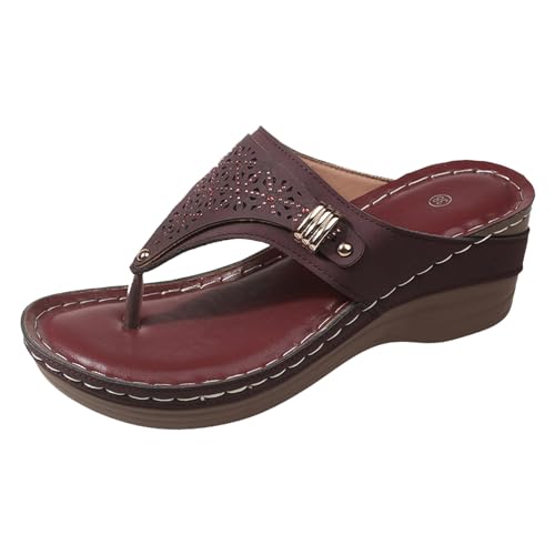 Damen Sandalen modisch lässig flach komfortabel mit dicker Sohle Tanga Stil für jeden ideal für Sommer Freizeit Strand Aktivität (Red, 40) von Generisch