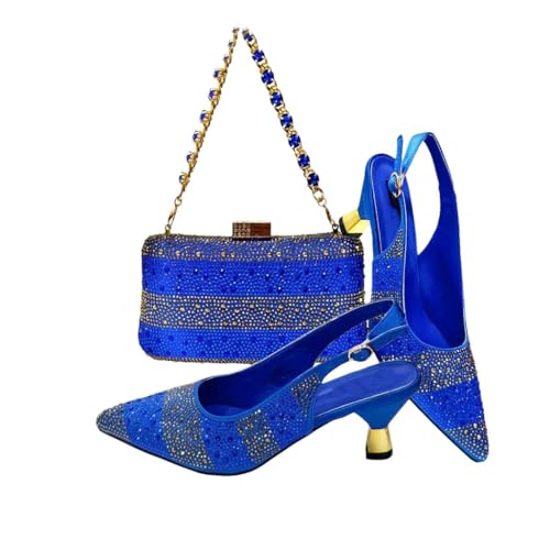 Damen-Sandalen und Handtaschen-Set mit spitzem Zehenbereich, luxuriöser Stil, Party, Hochzeit, passendes Zubehör, blau, 44 EU von Generisch