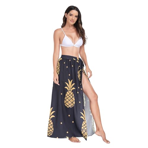Damen-Sarong-Badeanzug, Strand-Abdeckung, goldfarbener Ananas-Sarong, langer Bikini-Wickelrock, Goldfarbene Ananas, 42 von Generisch