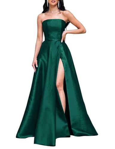 Damen Satin Ballkleider 2024 TräGerloses TräGerloses Korsett Langes Ballkleid Formelles Abendpartykleid Mit Schlitz Emerald Green L von Generisch