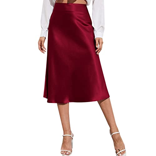 Damen Satin Rock Lang Champagner Hohe Taille Skirt Elegant Seide Midirock Frühling Sommer Midi Business Mit Reißverschluss Ballettrock Rosa Nicht Durchsichtig Wickelrock von Generisch