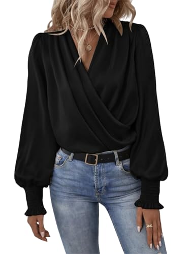 Damen Satin Seide Bluse Wrap V Ausschnitt Langarm Damen V Ausschnitt Gerafft Büro Langarm Bluse Shirt, Schwarz , L von Generisch