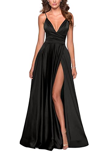 Damen Satin Sweetheart Brautjungfernkleid V-Ausschnitt Spaghetti TräGer Formelles Kleid Langer Schlitz Formelle Hochzeitsballkleider Black M von Generisch