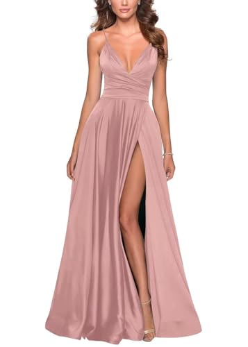Damen Satin Sweetheart Brautjungfernkleid V-Ausschnitt Spaghetti TräGer Formelles Kleid Langer Schlitz Formelle Hochzeitsballkleider Dusty Pink XXS von Generisch