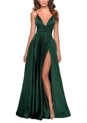 Damen Satin Sweetheart Brautjungfernkleid V-Ausschnitt Spaghetti TräGer Formelles Kleid Langer Schlitz Formelle Hochzeitsballkleider Emerald Green XXL von Generisch