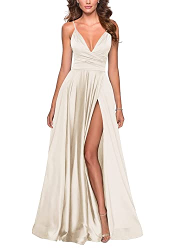 Damen Satin Sweetheart Brautjungfernkleid V-Ausschnitt Spaghetti TräGer Formelles Kleid Langer Schlitz Formelle Hochzeitsballkleider Ivory M von Generisch