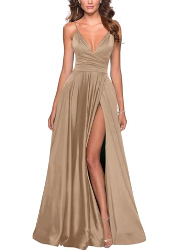 Damen Satin Sweetheart Brautjungfernkleid V-Ausschnitt Spaghetti TräGer Formelles Kleid Langer Schlitz Formelle Hochzeitsballkleider Khaki M Damen Satin Sweetheart Brautjungfernkleid V-Ausschnitt Spaghetti TräGer Formelles Kleid Langer Schlitz Formelle Hochzeitsballkleider Khaki M von Generisch