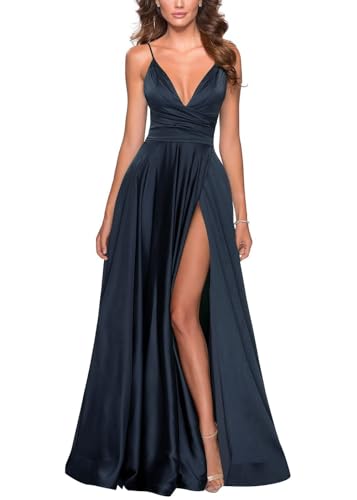 Damen Satin Sweetheart Brautjungfernkleid V-Ausschnitt Spaghetti TräGer Formelles Kleid Langer Schlitz Formelle Hochzeitsballkleider Navy Blue S von Generisch