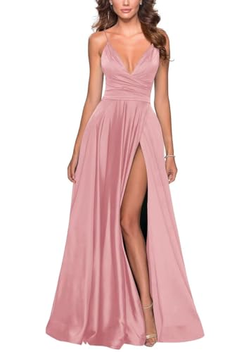 Damen Satin Sweetheart Brautjungfernkleid V-Ausschnitt Spaghetti TräGer Formelles Kleid Langer Schlitz Formelle Hochzeitsballkleider Pink S von Generisch
