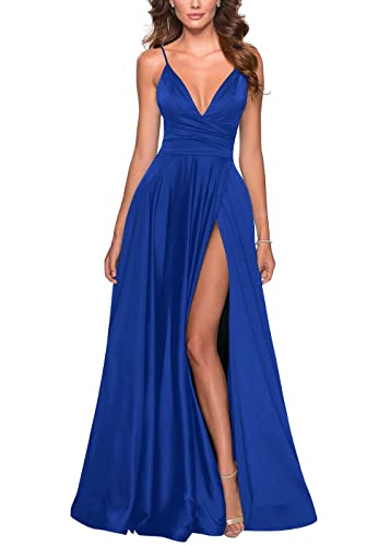 Damen Satin Sweetheart Brautjungfernkleid V-Ausschnitt Spaghetti TräGer Formelles Kleid Langer Schlitz Formelle Hochzeitsballkleider Royal Blue L von Generisch