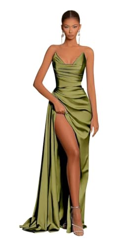 Damen Satin TräGerloses Ballkleid Lang V-Ausschnitt Brautjungfernkleid Hoher Schlitz Eng Gerafftes Formelles Partykleid Olive Green M von Generisch