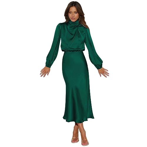 Damen-Satinkleid mit Stehkragen, elegant, langärmelig, elastisch, hohe Taille, formelle Hochzeit, Cocktailparty, Maxikleider Schuhe Damen Für Kleid (Green, S) von Generisch