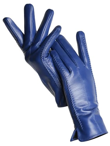 Damen Schaffell Handschuhe Winter Warm Plus Fleece Kurz Dünn Touchscreen Lederhandschuhe, Royal Blue Touch, 7.5 von Generisch