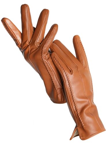 Damen Schaffell Handschuhe Winter Warm Plus Fleece Kurz Dünn Touchscreen Lederhandschuhe, Senffarben, 7.5 von Generisch