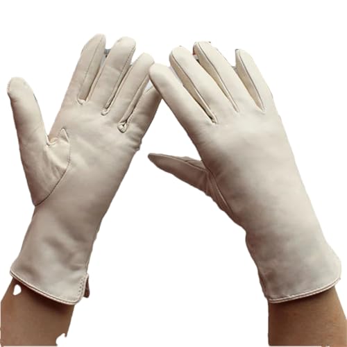 Damen Schaffell Lederhandschuhe Glattes Wollfutter Herbst/Winter Warm Motorrad Reiten Auto Fahren Finger Handschuhe, beige, 7 12 von Generisch