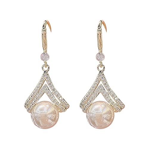 Damen Scheinen Cubic Hängend Lang Schmuck Perlenohrringe für Frauen, Roségold, Perle, Zirkon, baumelnder Tropfenohrring, für die tägliche Hochzeit, Party, Silberne Kugelohrringe (Beige, One Size) von Generisch