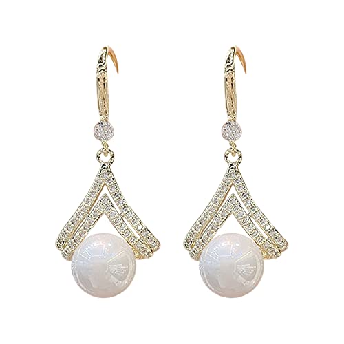 Damen Scheinen Cubic Hängend Lang Schmuck Perlenohrringe für Frauen, Roségold, Perle, Zirkon, baumelnder Tropfenohrring, für die tägliche Hochzeit, Party, Silberne Kugelohrringe (White, One Size) von Generisch