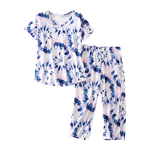 Damen Schlafanzug Baumwolle 3/4, Pyjama Kurz Set Große Größen Xxl Bedruckt Nachtwäsche Kurzarm-Top Und 3/4 Lange Hose Soft Rundhals Hausanzug Leicht Schlafanzug Loungewear Freizeitanzug von Generisch